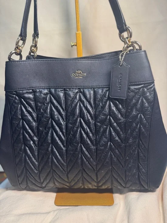 Coach Black Lexy Quilted Leather Shoulder Tote with Gold Hardware - Picture 2 of 12